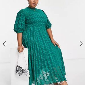 ASOS DESIGN Curve high neck pleated chevron textured midi dress with puff sleeve